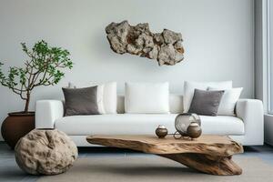A modern living room design with empty sofa and armchair on the wall, featuring sleek lines, simple silhouettes, and neutral colors, creates a minimalist and inviting space. Generative Ai photo