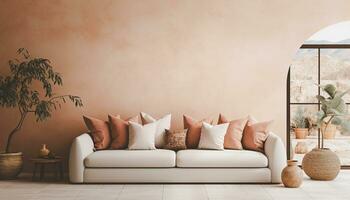 A modern living room design with empty sofa and armchair on the wall, featuring sleek lines, simple silhouettes, and neutral colors, creates a minimalist and inviting space. Generative Ai photo