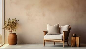 A modern living room design with empty sofa and armchair on the wall, featuring sleek lines, simple silhouettes, and neutral colors, creates a minimalist and inviting space. Generative Ai photo