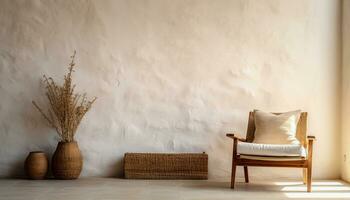 A modern living room design with empty sofa and armchair on the wall, featuring sleek lines, simple silhouettes, and neutral colors, creates a minimalist and inviting space. Generative Ai photo