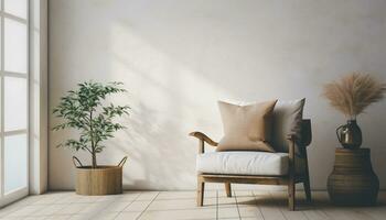 A modern living room design with empty sofa and armchair on the wall, featuring sleek lines, simple silhouettes, and neutral colors, creates a minimalist and inviting space. Generative Ai photo