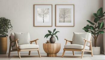 A modern living room design with empty sofa and armchair on the wall, featuring sleek lines, simple silhouettes, and neutral colors, creates a minimalist and inviting space. Generative Ai photo