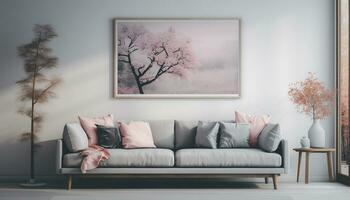 A modern living room design with empty sofa and armchair on the wall, featuring sleek lines, simple silhouettes, and neutral colors, creates a minimalist and inviting space. Generative Ai photo