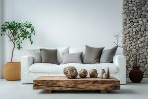 A modern living room design with empty sofa and armchair on the wall, featuring sleek lines, simple silhouettes, and neutral colors, creates a minimalist and inviting space. Generative Ai photo