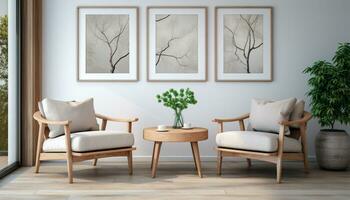 A modern living room design with empty sofa and armchair on the wall, featuring sleek lines, simple silhouettes, and neutral colors, creates a minimalist and inviting space. Generative Ai photo
