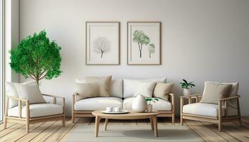 A modern living room design with empty sofa and armchair on the wall, featuring sleek lines, simple silhouettes, and neutral colors, creates a minimalist and inviting space. Generative Ai photo