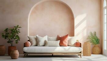 A modern living room design with empty sofa and armchair on the wall, featuring sleek lines, simple silhouettes, and neutral colors, creates a minimalist and inviting space. Generative Ai photo