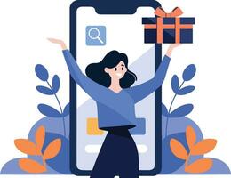 Hand Drawn Female character holding a gift with smartphone in online shopping concept in flat style vector