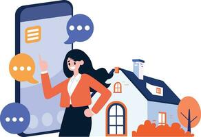 Hand Drawn House broker character with smartphone In Concept Real Estate Online in flat style vector