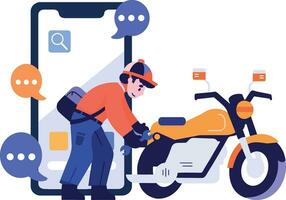 Hand Drawn Motorcycle mechanic character with smartphone In the concept of online repair technician in flat style vector