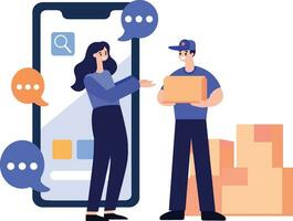 Hand Drawn Characters of delivery worker and customer In the concept of online delivery in flat style vector