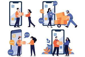 Hand Drawn Characters of delivery worker and customer In the concept of online delivery in flat style vector