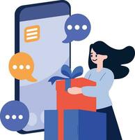 mano dibujado hembra personaje participación un regalo con teléfono inteligente en en línea compras concepto en plano estilo vector