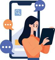 Hand Drawn Female character talking with smartphone in online communication concept in flat style vector