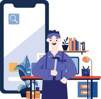 Hand Drawn Engineer or repairman character with smartphone in online repair concept in flat style vector