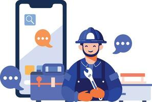 mano dibujado ingeniero o reparador personaje con teléfono inteligente en en línea reparar concepto en plano estilo vector