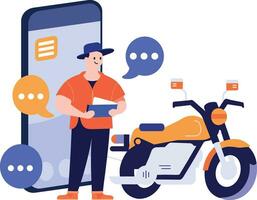 Hand Drawn Motorcycle mechanic character with smartphone In the concept of online repair technician in flat style vector