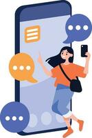mano dibujado hembra personaje hablando con teléfono inteligente en en línea comunicación concepto en plano estilo vector