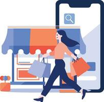 Hand Drawn Female character holding a gift with smartphone in online shopping concept in flat style vector