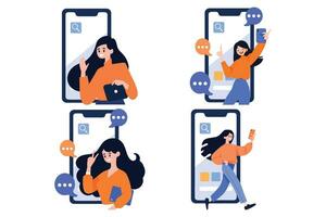 Hand Drawn Female character talking with smartphone in online communication concept in flat style vector