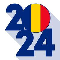 Happy New Year 2024, long shadow banner with Romania flag inside. Vector illustration.