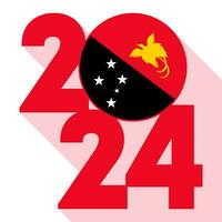 Happy New Year 2024, long shadow banner with Papua New Guinea flag inside. Vector illustration.