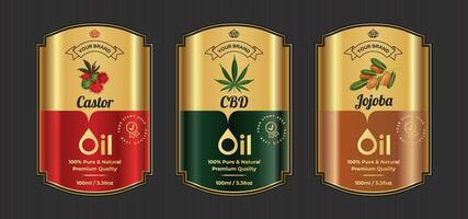 castor cbd y jojoba petróleo etiqueta diseño estilo Clásico oro prima etiquetas vector