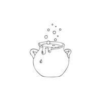 Witch pot sketch. Pan for witchcraft. Cooking utensil vector illustration isolated on a white background. Hand drawn Halloween design element.  Wiccan design, astrology, alchemy, and magic symbol.