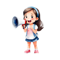 énergique mignonne peu fille avec exubérance en utilisant mégaphone Facile isolé transparent ai génératif illustraton clipart png