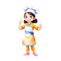 energiek junior chef meisje drukt uit duimen omhoog goedkeuring geïsoleerd transparant ai generatief illustratie clip art png