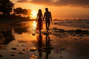 parejas en silueta caminando a el playa durante puesta de sol ai generado foto