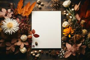 an empty photo frame, surrounded with autumn leaves and decoration, mockup, copy space AI Generated