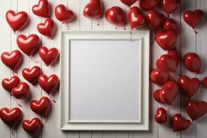 an empty photo frame, surrounded by red love and valentines decoration, mock-up, copy space AI Generated