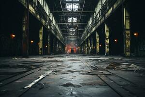 vacío abandonado antiguo almacén interior, oscuro, industrial, sucio, oscuridad ai generado foto