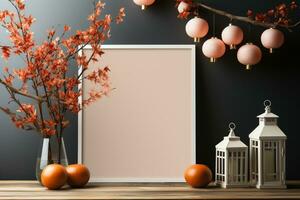 Chinese new year concept, empty picture frame,with mandarin oranges, mockup, copy space AI Generated photo