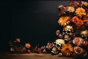 un vacío foto marco, rodeado con ofrecimiento de un cráneo, flores, y velas en el celebracion de el dia Delaware los muertos, , Bosquejo, Víspera de Todos los Santos, Copiar espacio ai generado