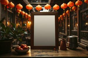 Chinese new year concept, empty picture frame,with mandarin oranges, mockup, copy space AI Generated photo