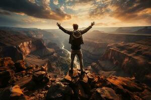 Traveller with open arms standing on the top of cliff AI Generated photo