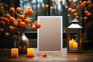 Chinese new year concept, empty picture frame,with mandarin oranges, mockup, copy space AI Generated photo