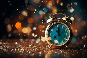 analog clock, confetti and star, new year concept, mockup, copy space AI Generated photo