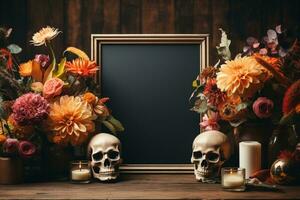 an empty photo frame, surrounded with Offering of a skull, flowers, and candles in the celebration of the dia de los muertos, , mockup, Halloween, copy space AI Generated