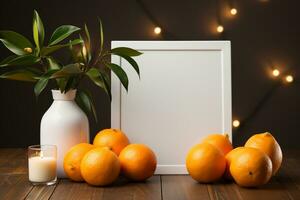 Chinese new year concept, empty picture frame,with mandarin oranges, mockup, copy space AI Generated AI Generated photo