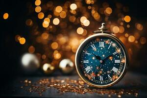 analog clock, confetti and star, new year concept, mockup, copy space AI Generated photo