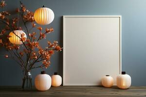 Chinese new year concept, empty picture frame,with mandarin oranges, mockup, copy space AI Generated photo