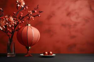 chino nuevo año concepto, rojo chino papel linterna, con mandarín naranjas, Bosquejo, Copiar espacio ai generado foto