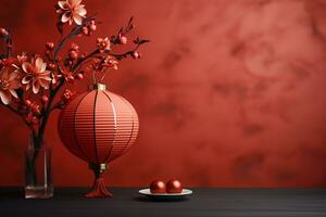 Chinese new year concept, red chinese paper lantern,with mandarin oranges, mockup, copy space AI Generated photo