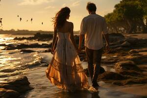 parejas caminando a el playa durante puesta de sol ai generado foto