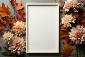 an empty photo frame, surrounded with autumn leaves and decoration, mockup, copy space AI Generated