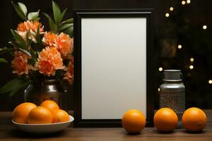 Chinese new year concept, empty picture frame,with mandarin oranges, mockup, copy space AI Generated photo