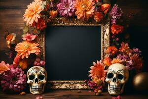 an empty photo frame, surrounded with Offering of a skull, flowers, and candles in the celebration of the dia de los muertos, , mockup, Halloween, copy space AI Generated